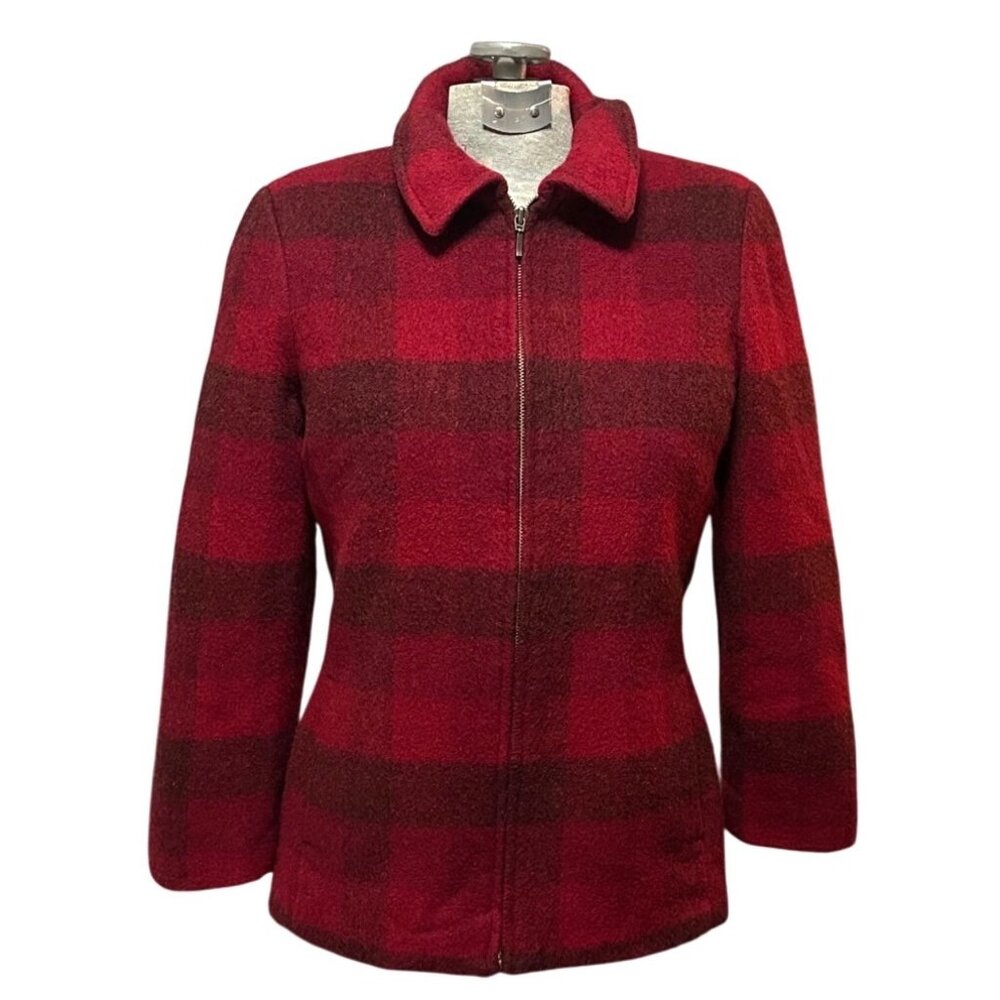 Eddie Bauer Womens Red‎ & Black Plaid Fitted Wool Zipper jacket Small Cabincore